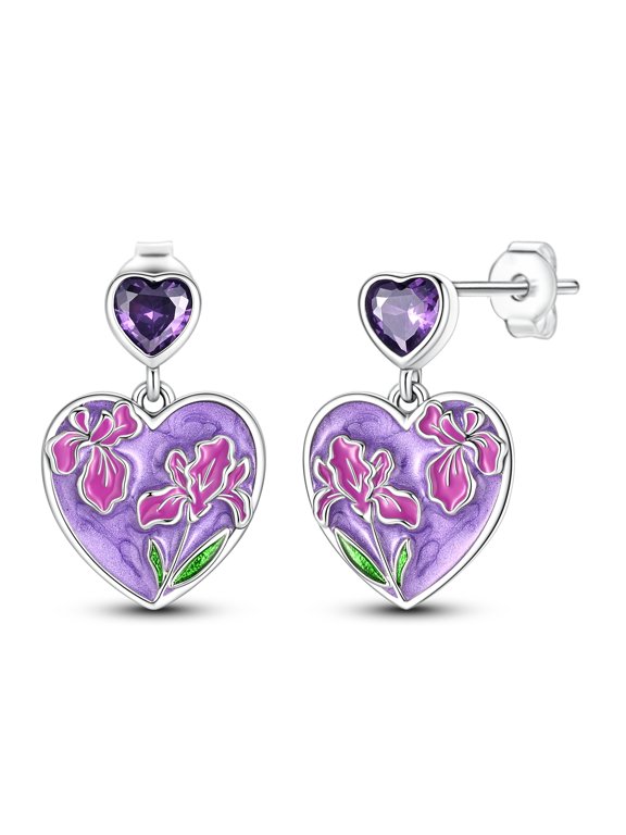 925 Sterling Silver Purple Iris Stud Earrings for Women, Hypoallergenic Cubic Zirconia Jewelry Birthday Gift with Box