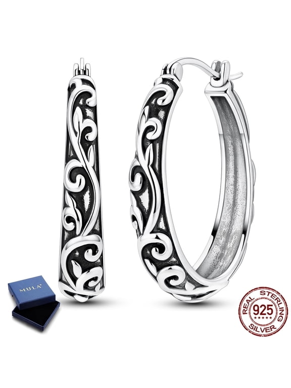 925 Sterling Silver Retro Winding Floral Hoop Earrings, 27mm Elegant Women's Jewelry Gift For Her