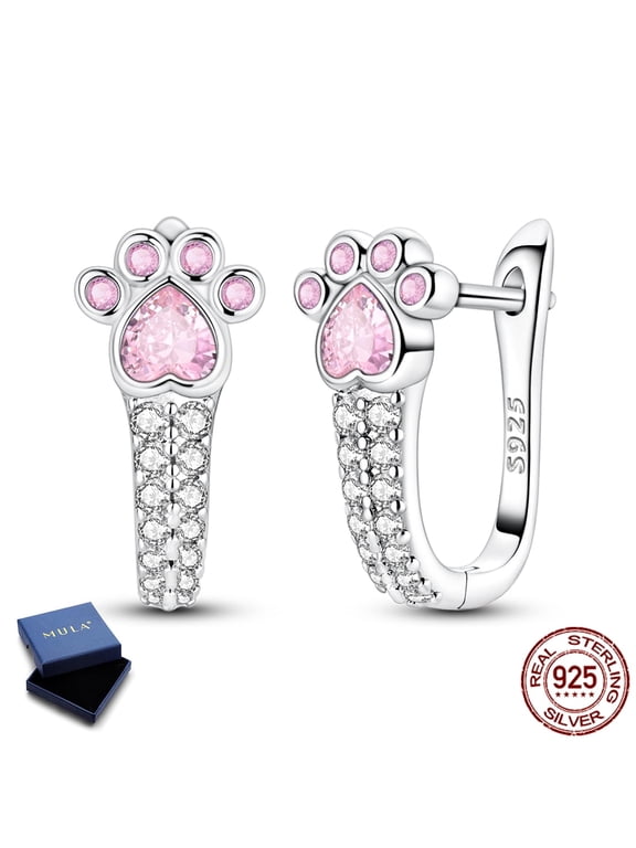 925 Sterling Silver Sparkling Cute Cat Paw Hoop Earrings for Women, Cubic Zirconia Hypoallergenic Birthday Anniversary Gift with Box