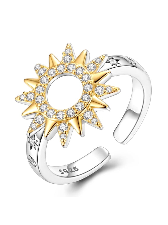925 Sterling Silver Sun Moon Star Celestial Open Ring, Hypoallergenic Adjustable Sparkling AAA CZ Women's Jewelry Gift with Box