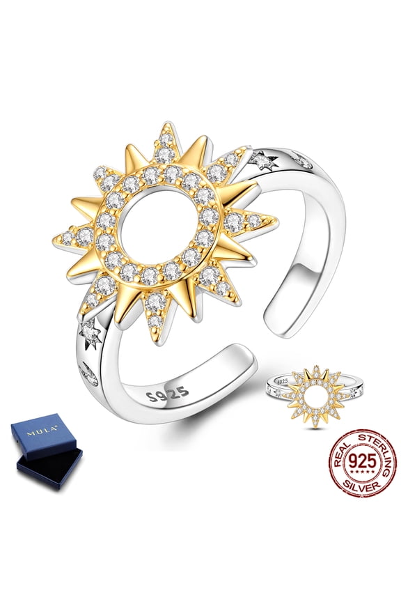 925 Sterling Silver Sun Moon Star Celestial Open Ring, Hypoallergenic Adjustable Sparkling 5A Zircon Women's Jewelry Gift with Box