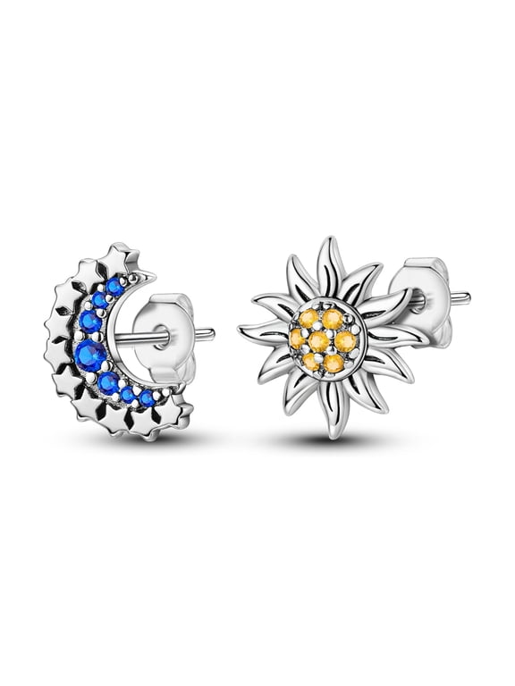 925 Sterling Silver Sun Moon Stars Stud Earrings, 11mm Dainty Sparkling AAA CZ Women's Jewelry Gift for Her