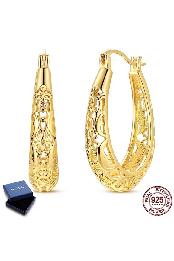Gold Plated Filigree Hollow Flower Lucky Hoop Earrings 925 Sterling Silver Hypoallergenic Vintage Birthday Gifts for Her