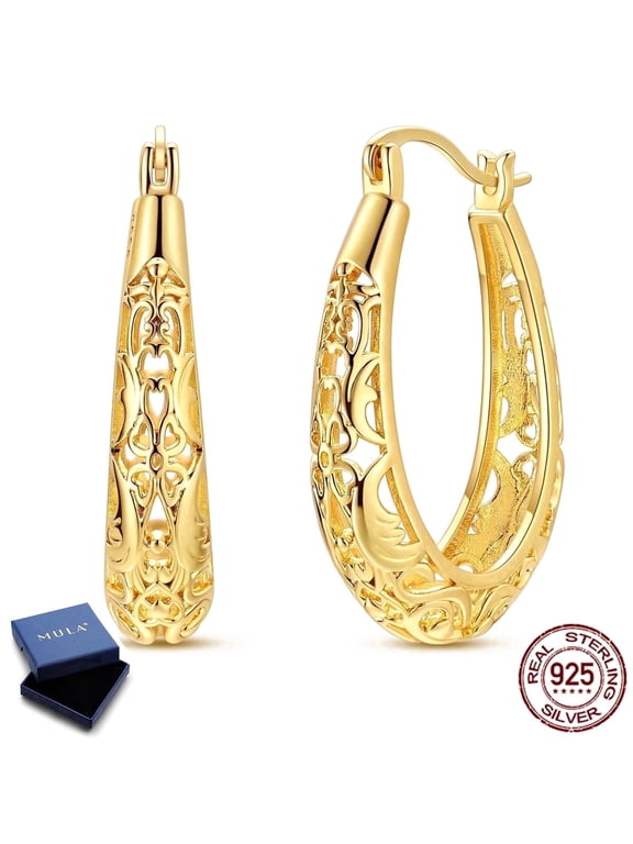 Gold Plated Filigree Hollow Flower Lucky Hoop Earrings 925 Sterling Silver Hypoallergenic Vintage Birthday Gifts for Her
