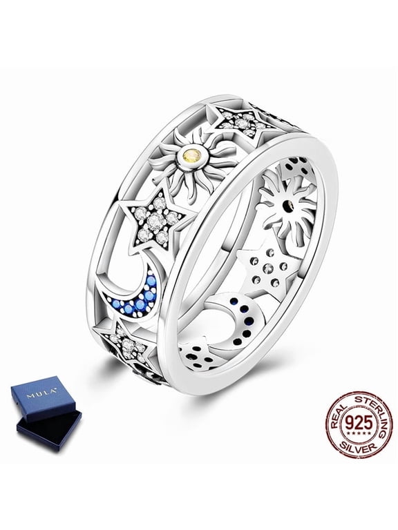 European 925 Sterling Silver Ring for Women, Stars Moon Sun Hypoallergenic Sparkling Blue AAA CZ Jewelry Birthday Gift Size 6