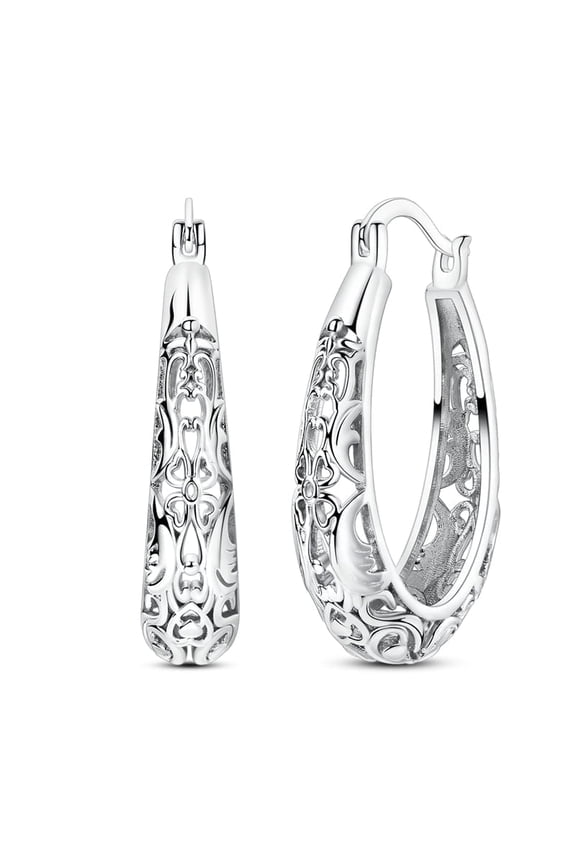 European 925 Sterling Silver Hoop Earrings Filigree Hollow Flower Lucky For Women Jewelry