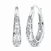 European 925 Sterling Silver Hoop Earrings Filigree Hollow Flower Lucky Hypoallergenic For Women Jewelry
