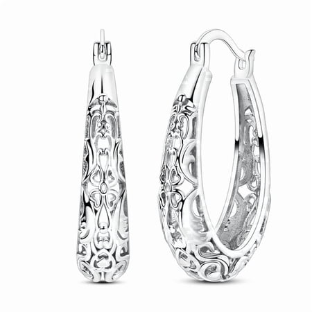 Mula European 925 Sterling Silver Hoop Earrings Filigree Hollow Flower Lucky Hypoallergenic For Women Jewelry