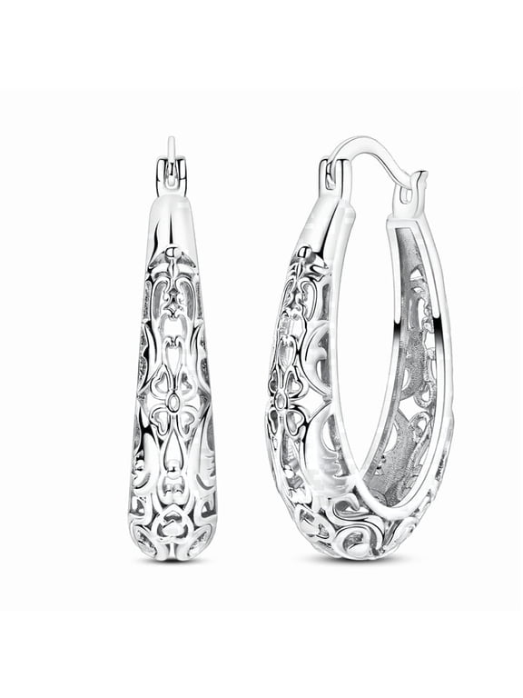 European 925 Sterling Silver Hoop Earrings Filigree Hollow Flower Lucky Hypoallergenic For Women Jewelry