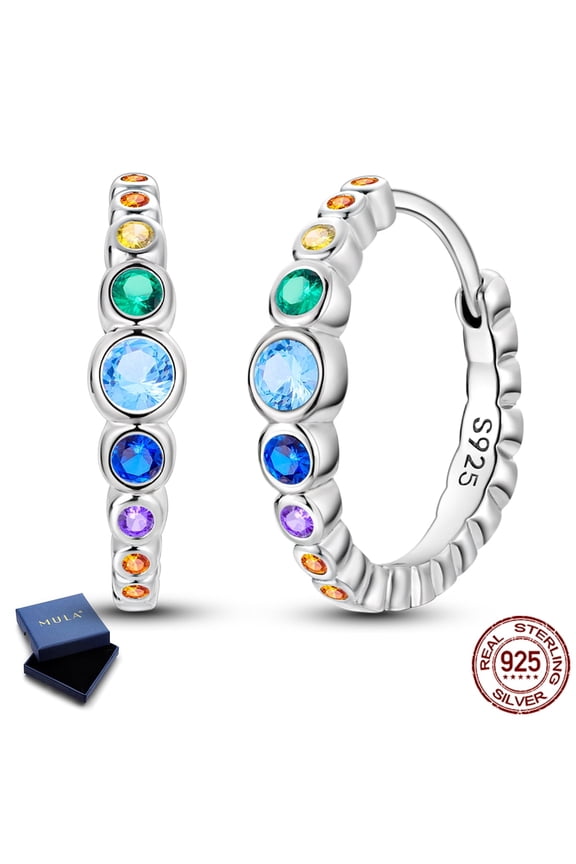 Original 925 Sterling Silver Rainbow Hoop Earrings Sparkling 5A Zircon Jewelry Birthday Gift with Box for Her