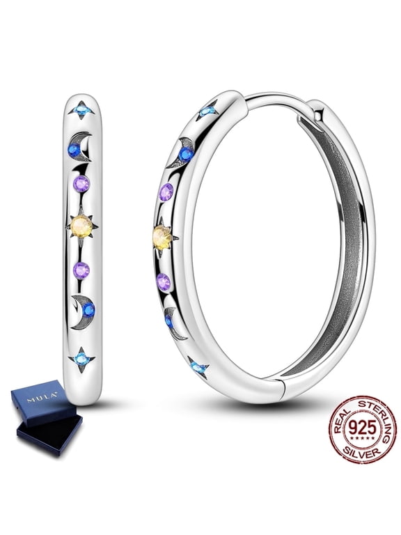 24mm European 925 Sterling Silver Huggie Hoop Earrings for Women, Hypoallergenic AAA CZ Colorful Starry Sky Jewelry Birthday Gift with Box