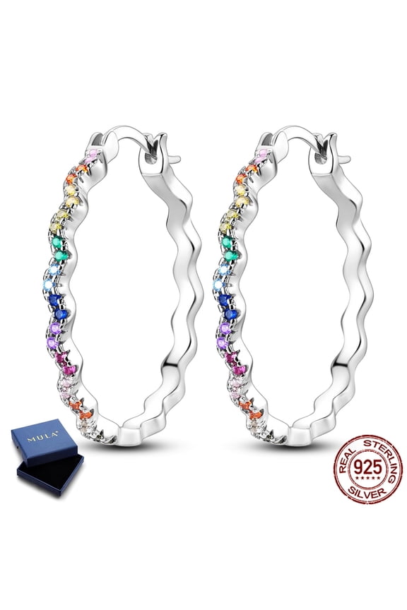 925 Sterling Silver Oversized Double Wave Hoop Earrings, Sparkling Colorful 5A Zircon Jewelry Gifts for Her