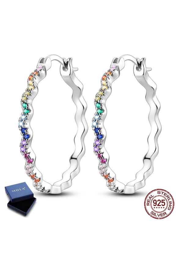 925 Sterling Silver Oversized Double Wave Hoop Earrings, Sparkling Colorful 5A Zircon Jewelry Gifts for Her