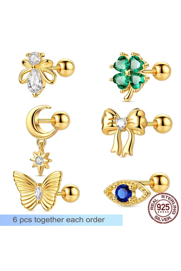 Gold Plated Butterfly Lucky Screw Ball Stud Earrings 6pcs/set 925 Sterling Silver Sparkling 5A Zircon Gift for Her