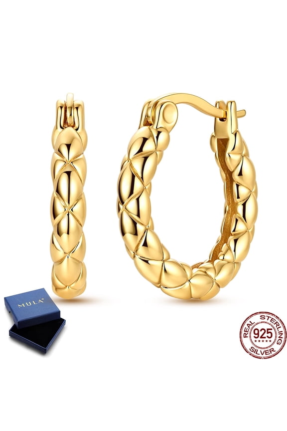 Gold Plated Twisted Rope Patterned Hoop Earrings 925 Sterling Silver Sparkling Jewelry Gift for Her