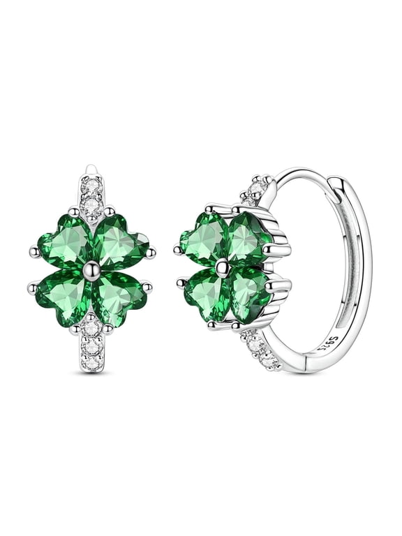 Original 925 Sterling Silver Classic Clover Hoop Earrings Green AAA CZ for Women Jewelry Gift