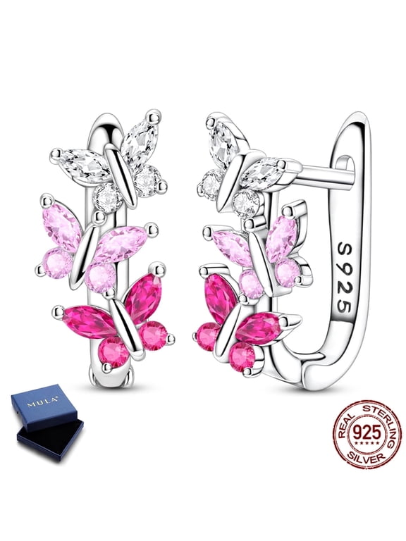 925 Sterling Silver Hoop Earrings, AAA CZ Dancing Gradient Pink Butterfly Huggie Earrings for Women, Jewelry Gift