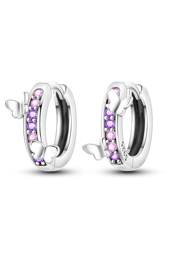 Original 925 Sterling Silver Hoop Earrings AAA CZ Pink Purple Butterfly for Women Jewelry Gift