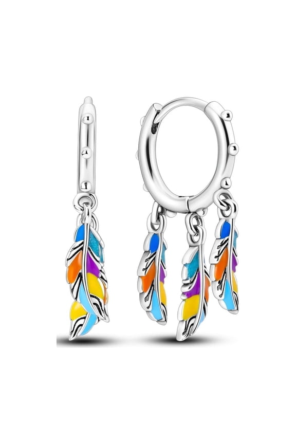 Original 925 Sterling Silver Hoop Earrings Colorful Dream Feathers for Women Jewelry Gift