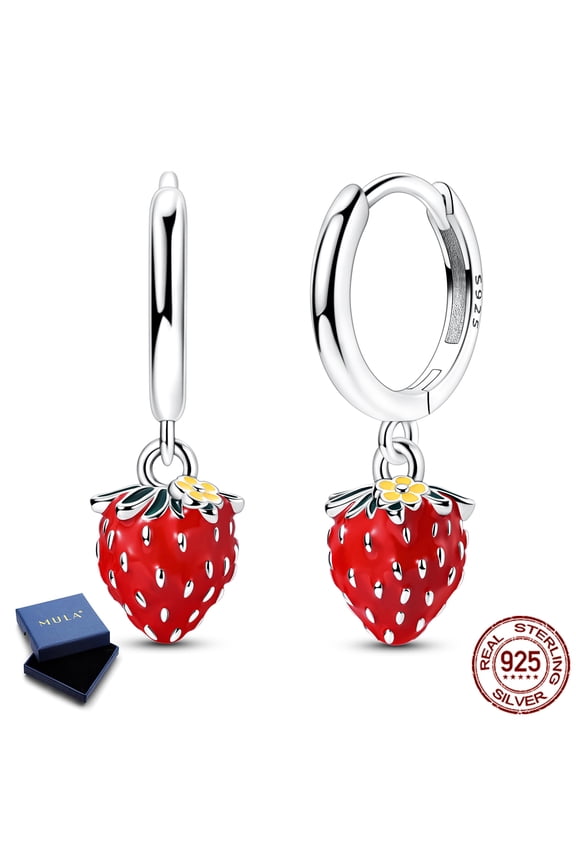925 Sterling Silver Strawberry Hoop Earrings Vibrant Red Fruit Dangle Earrings Summer Jewelry Gift for Her