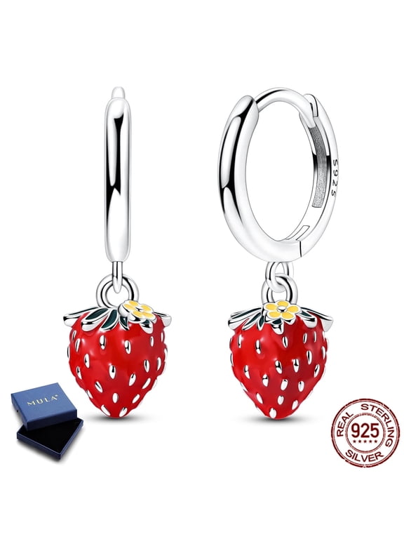 925 Sterling Silver Strawberry Huggie Hoop Dangle Earrings for Women, Vibrant Red Fruit Summer Hypoallergenic Jewelry Gift with Box