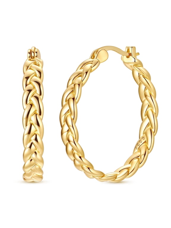 Original 925 Sterling Silver Gold Plated Large Weaving Hoop Earrings for Women, Hypoallergenic Jewelry Birthday Gift with Box