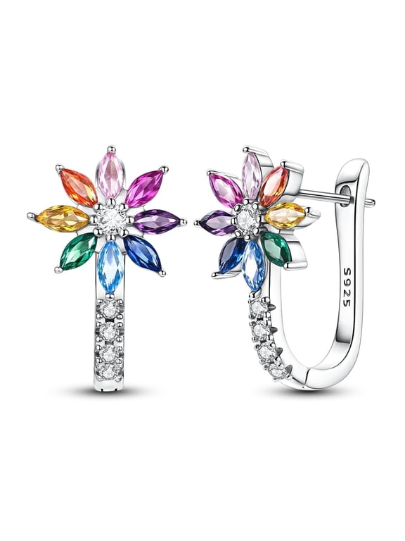 Original 925 Sterling Silver Large Hoop Earrings Hope Rainbow Flower AAA CZ for Women Jewelry Gift