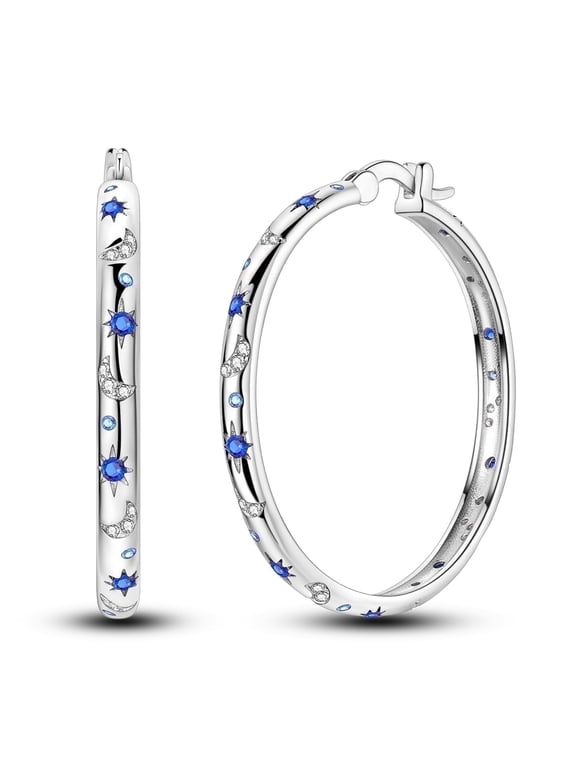 30mm 925 Sterling Silver Starry Night Large Huggie Hoop Earrings, Sparkling Blue AAA CZ Hypoallergenic Women’s Jewelry Gift for Her with Box