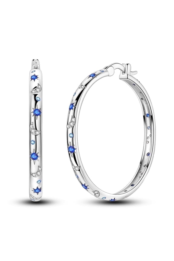 30mm 925 Sterling Silver Starry Night Large Huggie Hoop Earrings, Sparkling Blue 5A Zircon Hypoallergenic Women’s Jewelry Gift for Her with Box