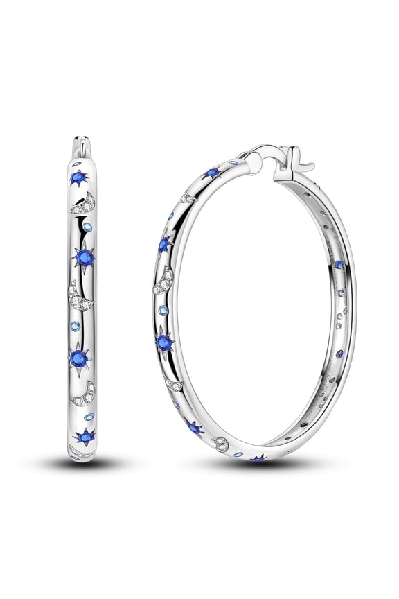 30mm 925 Sterling Silver Starry Night Large Huggie Hoop Earrings, Sparkling Blue AAA CZ Hypoallergenic Women’s Jewelry Gift for Her with Box