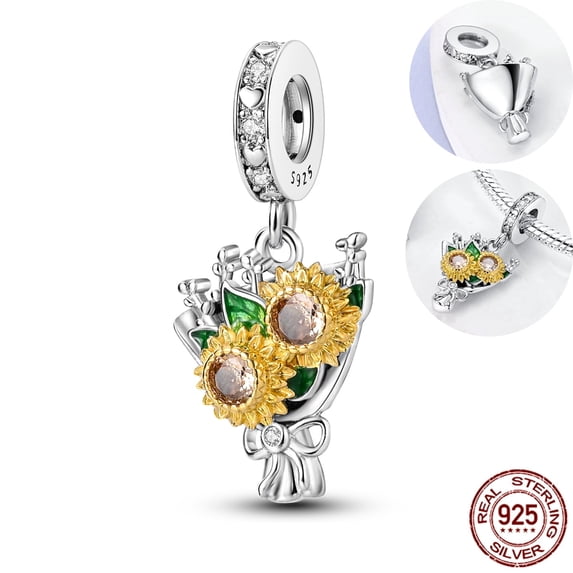 MULA 925 Sterling Silver Sunflower Charm, Sparkling AAA CZ DIY Fit European Bracelet Pendant Women's Jewelry Gift for Her