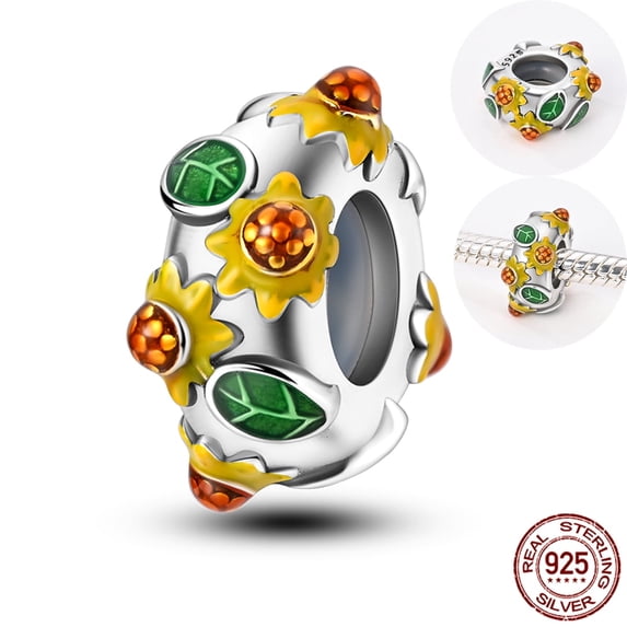 MULA 925 Sterling Silver Sunflower Spacer Charm, Enamel DIY Fit European Bracelet Pendant Women's Jewelry Gift for Her