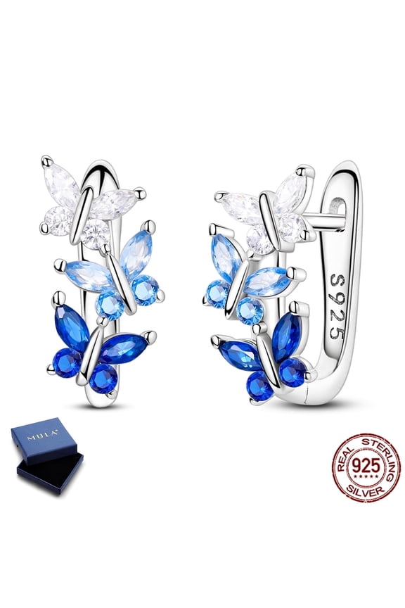 925 Sterling Silver Blue Dancing Butterfly Huggie Hoop Earrings for Women, Hypoallergenic Sparkling 5A Zircon Jewelry Gift with Box