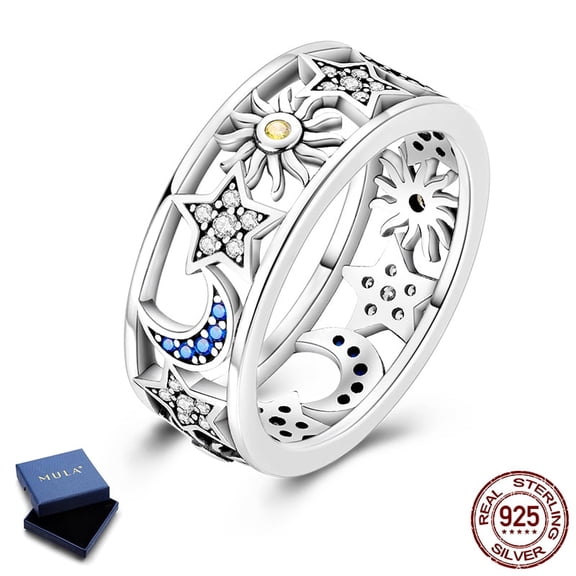 MULA European 925 Sterling Silver Ring for Women, Stars Moon Sun Hypoallergenic Sparkling Blue 5A Zircon Jewelry Birthday Gift Size 7