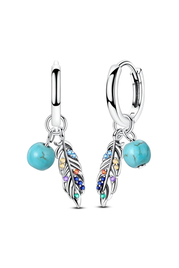 Original European Women 925 Sterling Silver Hoop Earrings Feather Turquoise AAA CZ Jewelry Birthday Gift