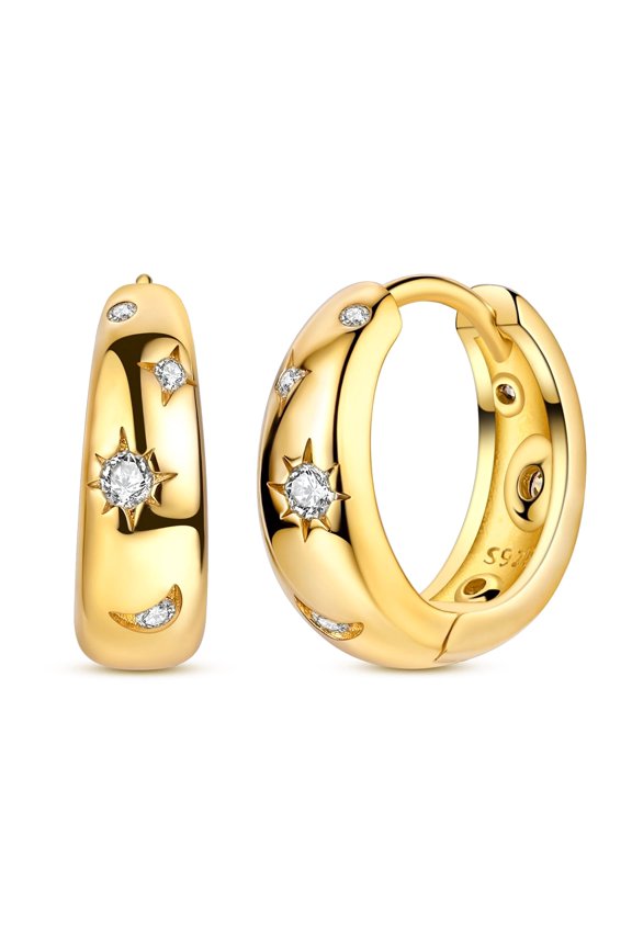 Original Golden Plated Sun Moon Star 925 Sterling Silver Hoop Earrings AAA CZ for Women Jewelry Gift
