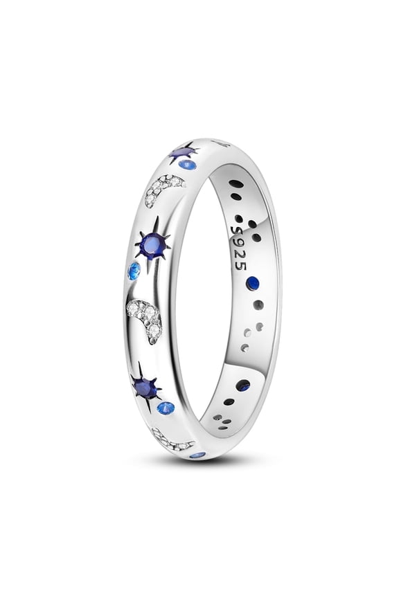 Original Sparkling Starry Night 925 Sterling Silver Finger Ring Blue Cubic Zirconia Hypoallergenic For Women Jewelry Birthday Gift Size 7