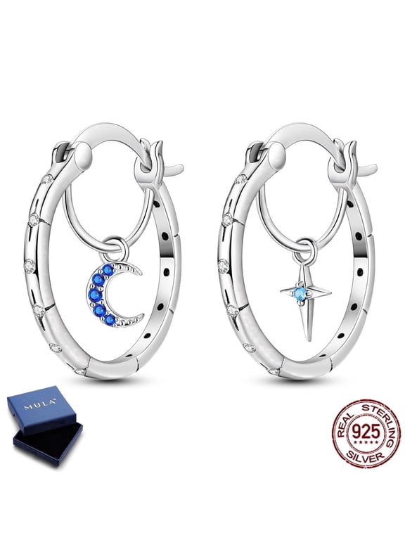 925 Sterling Silver Star Moon Huggie Hoop Earrings for Women, Hypoallergenic AAA CZ Summer Celestial Asymmetric Jewelry Birthday Gift with Box