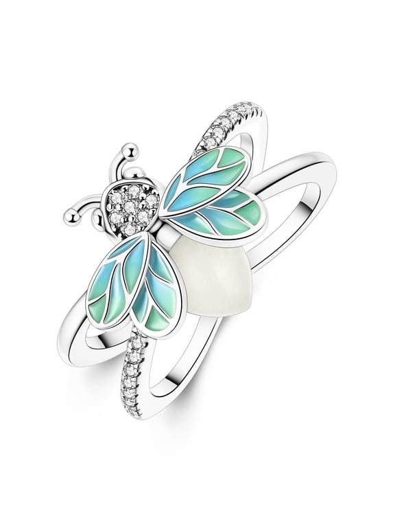 925 Sterling Silver Luminous Firefly Ring for Women, Hypoallergenic AAA CZ Dainty Birthday & Valentine's Day Gift with Box Size 6