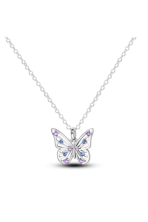 Solid 925 Sterling Silver Necklace Blue Purple Hollowed Butterfly AAA Zircon Pendant For Women Birthday Valentine's Day Gift Jewelry