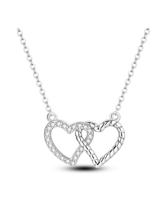 Solid 925 Sterling Silver Necklace Heart to Heart AAA CZ Pendant For Women Birthday Valentine's Day Gift Jewelry