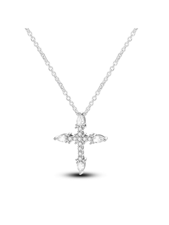 Solid 925 Sterling Silver Necklace Sparkling Inlaid Cross AAA CZ Pendant For Women Birthday Valentine's Day Gift Jewelry