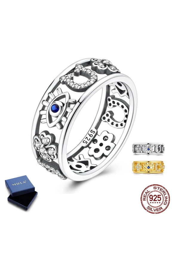 925 Sterling Silver Clover Ring for Women, Hypoallergenic Sparkling Hollow Horseshoe & Evil Eye Birthday Valentine's Day Gifts for Her Size 8