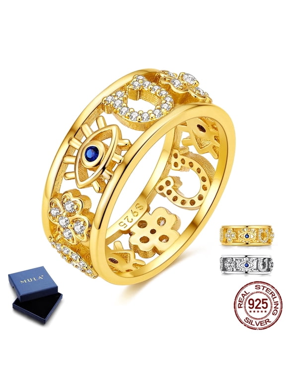 925 Sterling Silver Clover Ring for Women, Hypoallergenic Sparkling Hollow Horseshoe & Evil Eye Birthday Valentine's Day Gifts for Her Size 6