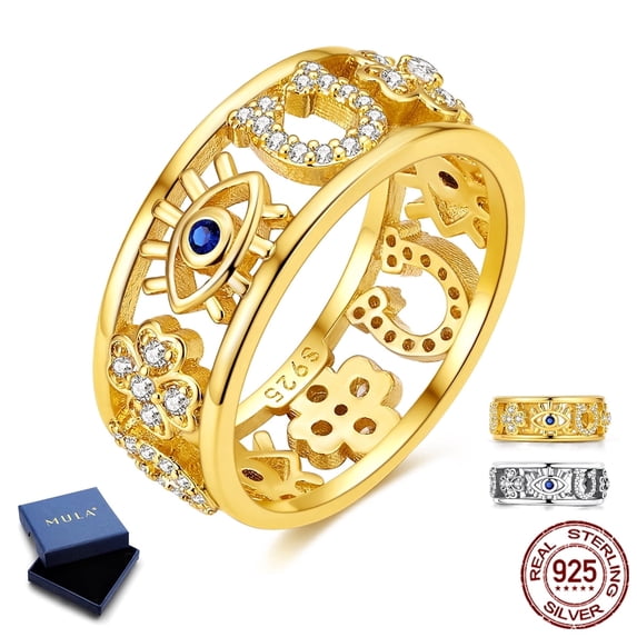 MULA 925 Sterling Silver Clover Ring for Women, Hypoallergenic Sparkling Hollow Horseshoe & Evil Eye Birthday Valentine's Day Gifts for Her Size 9