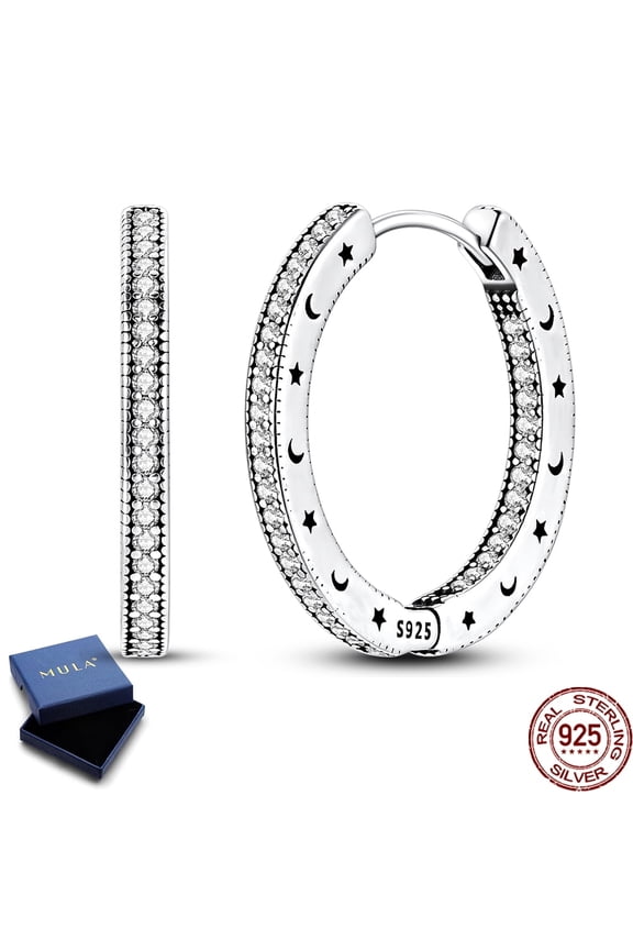 Starry Moon Hollow Large Hoop Earrings 925 Sterling Silver Sparkling 5A Zircon Jewelry Gift for Her