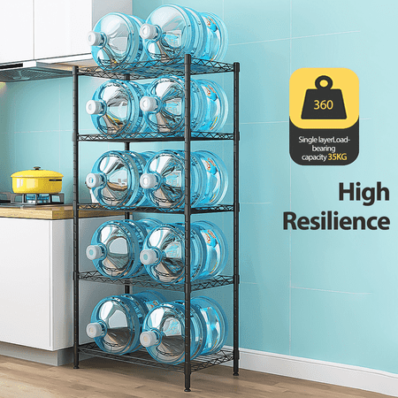 MULISOFT 5 Tier Adjustable Storage Rack, 60"x22"x12"Wire Shelving, Shelf Standing Organizer with 4 Hooks, Steel Utility for Kitchen/Garage/Bathroom, Black