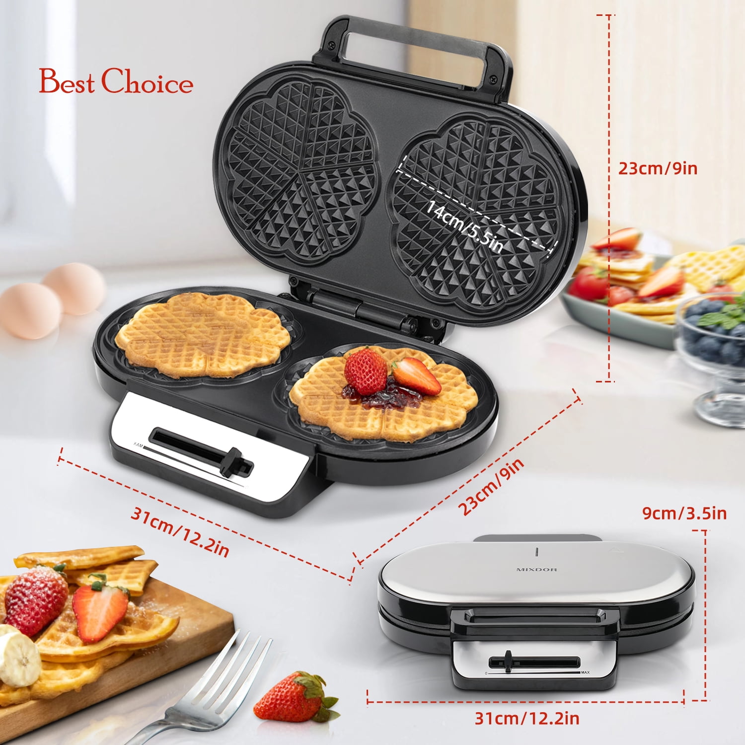 MULISOFT Double Heart Waffle Maker, 1200W Waffle Maker Iron, Makes 10