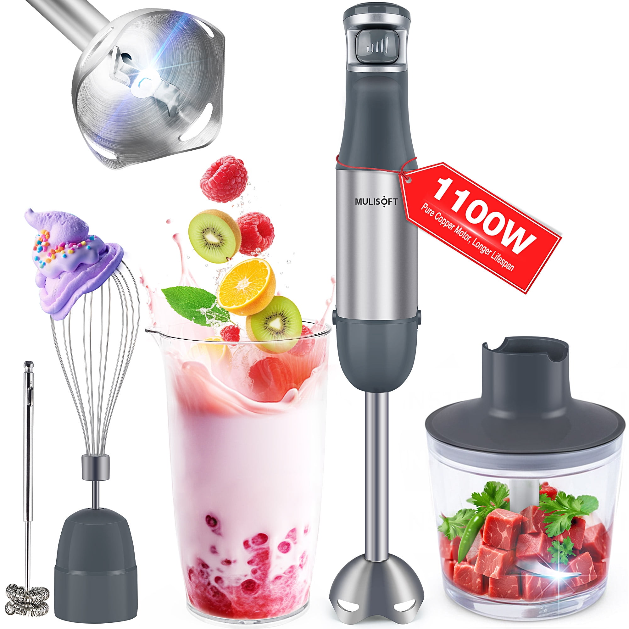 MULISOFT Immersion Blender, 5-in-1 Hand Blender for Soups, Baby Food, and Smoothies, Stick Blender with Chopper, Whisk, and Frother - Walmart.com