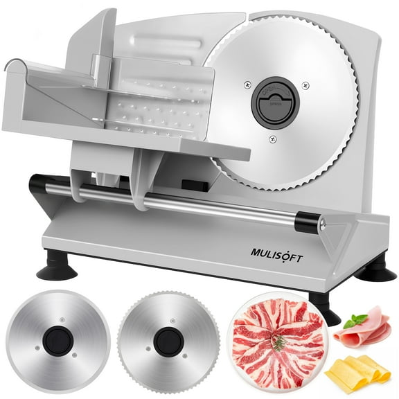 MULISOFT Meat Slicer, Meat Slicer Machine for Home Use, with 2 Stainless Steel Blades, Deli Slicer with Adjustable Thickness  Child Safety Lock, Electric Slicer for Meat, Cheese, Bread, New